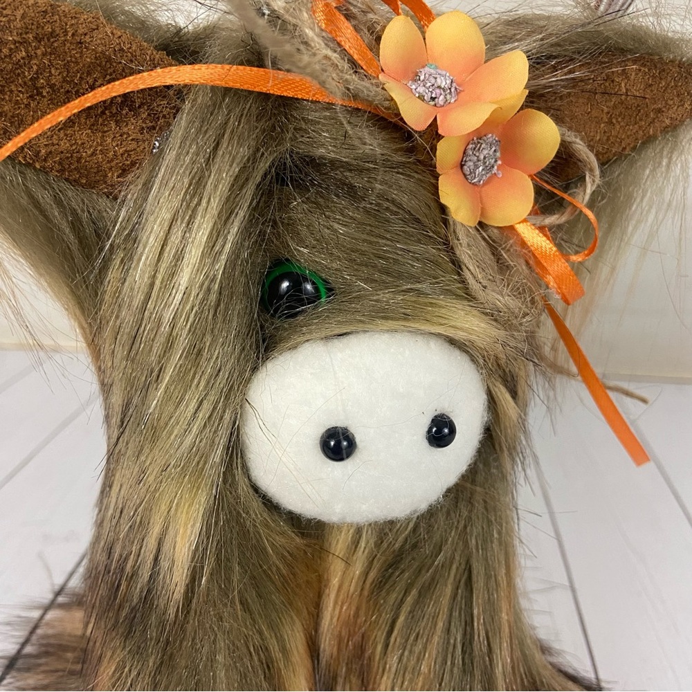 Highland Cow Coo Gnome Rust Brown Handmade Orange Flower Bow Farmhouse Decor - Picture 4 of 13